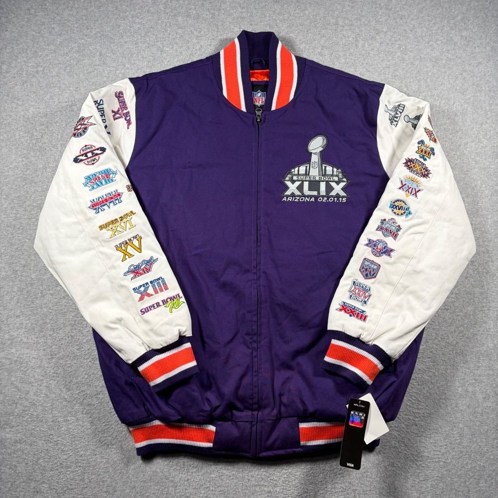 NFL Super Bowl XLIX Arizona Varsity Bomber Jacket Mens XL Purple Commemorative